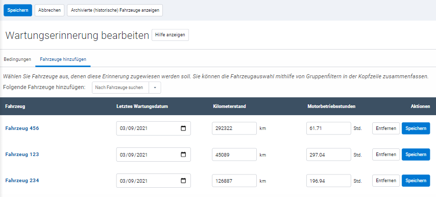 Wartungserinnerung für Fahrzeuge